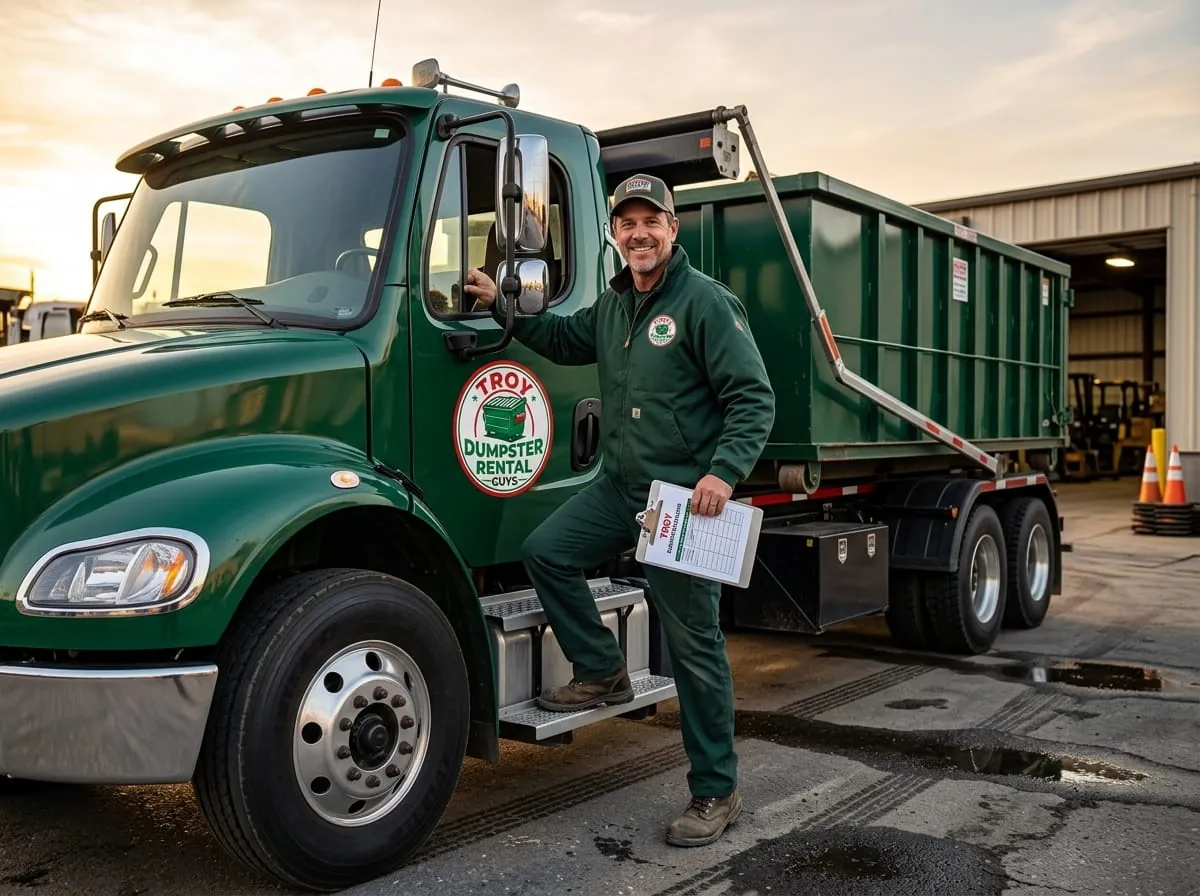 Troy Dumpster Rental Guys truck delivering a roll-off dumpster to a Troy NY driveway