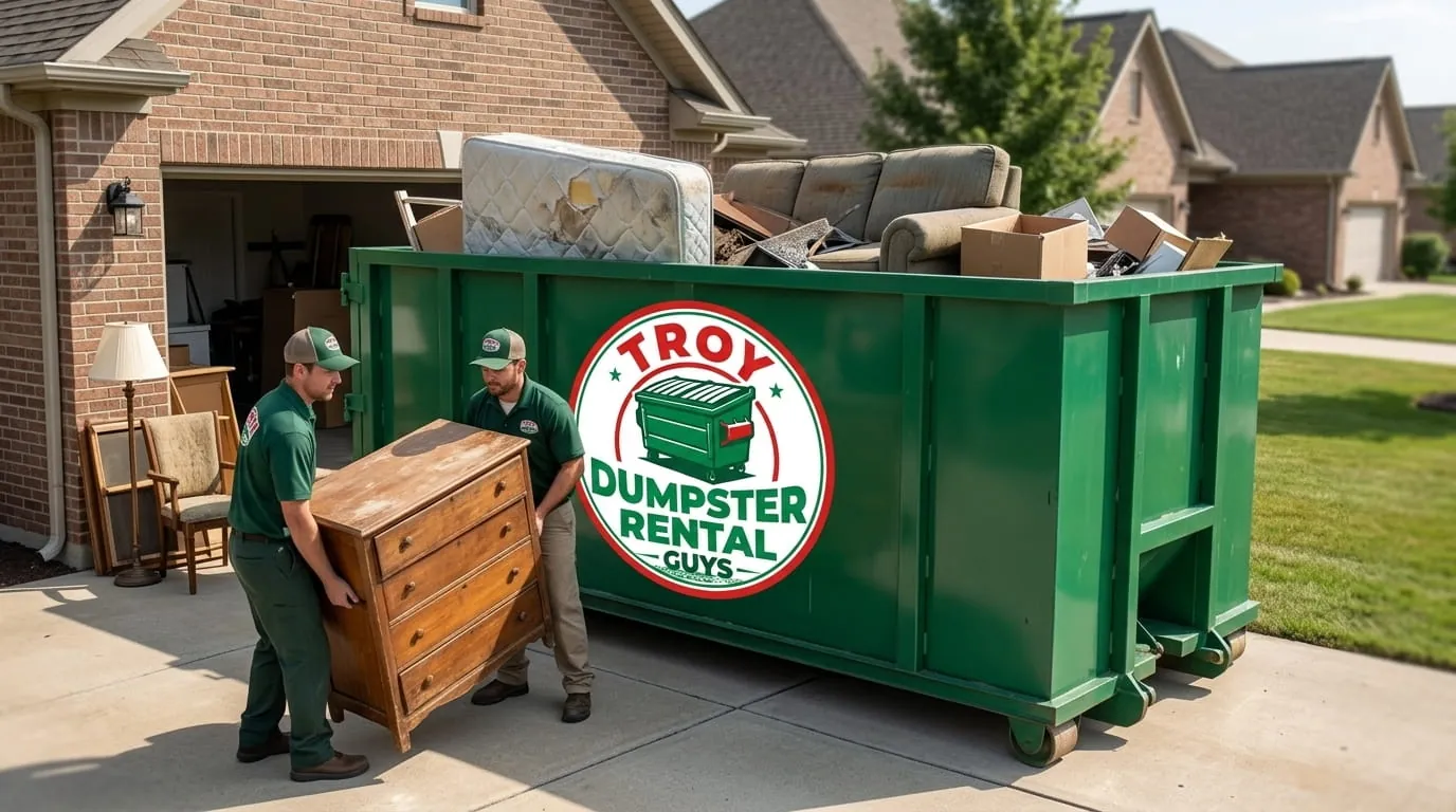 Troy Dumpster Rental Guys team member beside a roll-off dumpster in Troy, NY